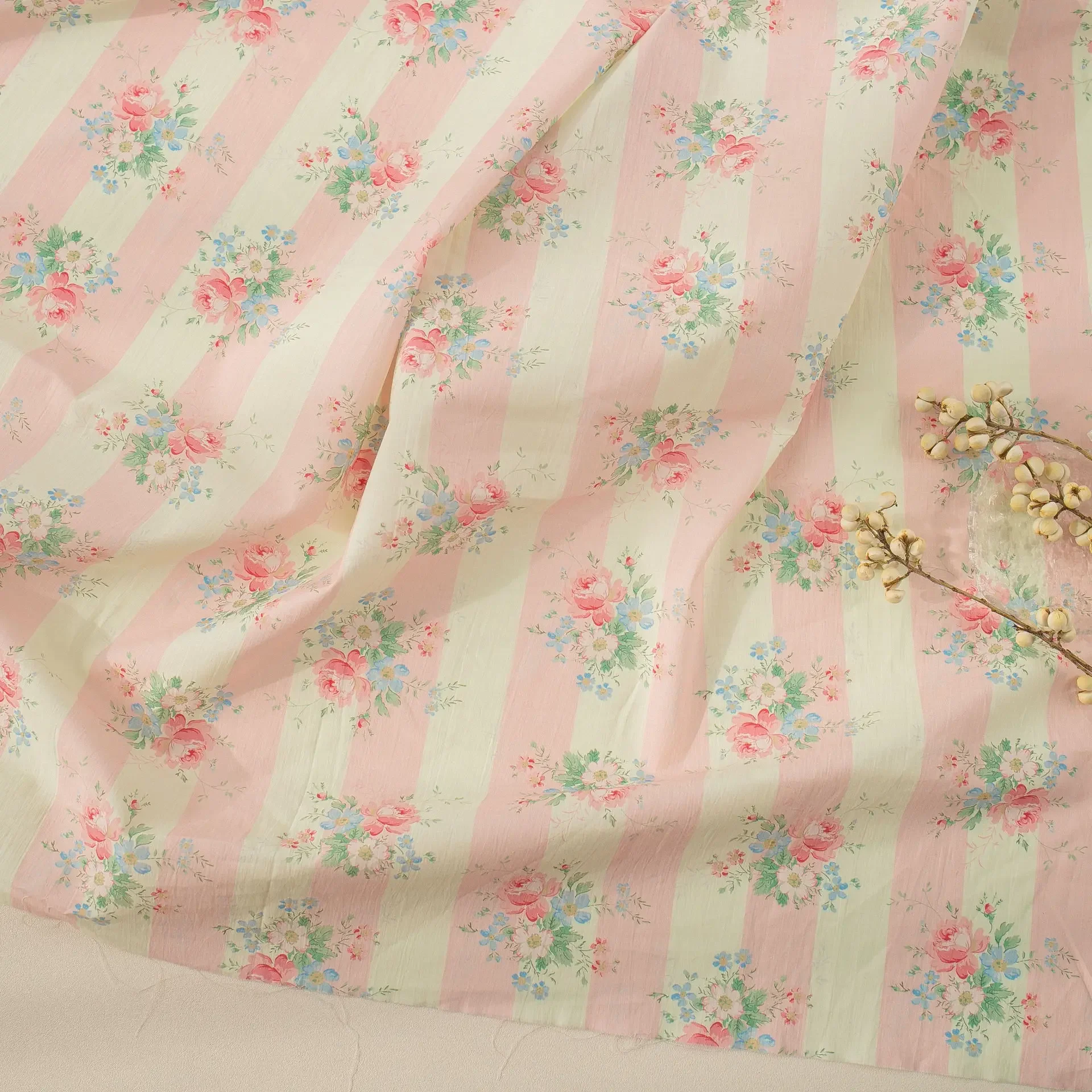 Pure Cotton 60pcs Digital Printing Fabric Korean Style Fresh Striped Flower Women's Clothing Children's Wear Cotton Homewear