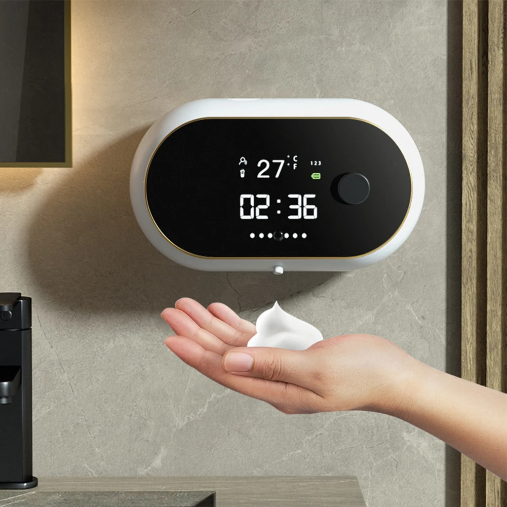 

Wall Mount Touchless Hand Soap Dispenser 450ML Capacity HD Large Screen IPX5 Waterproof Time & Temperature Display
