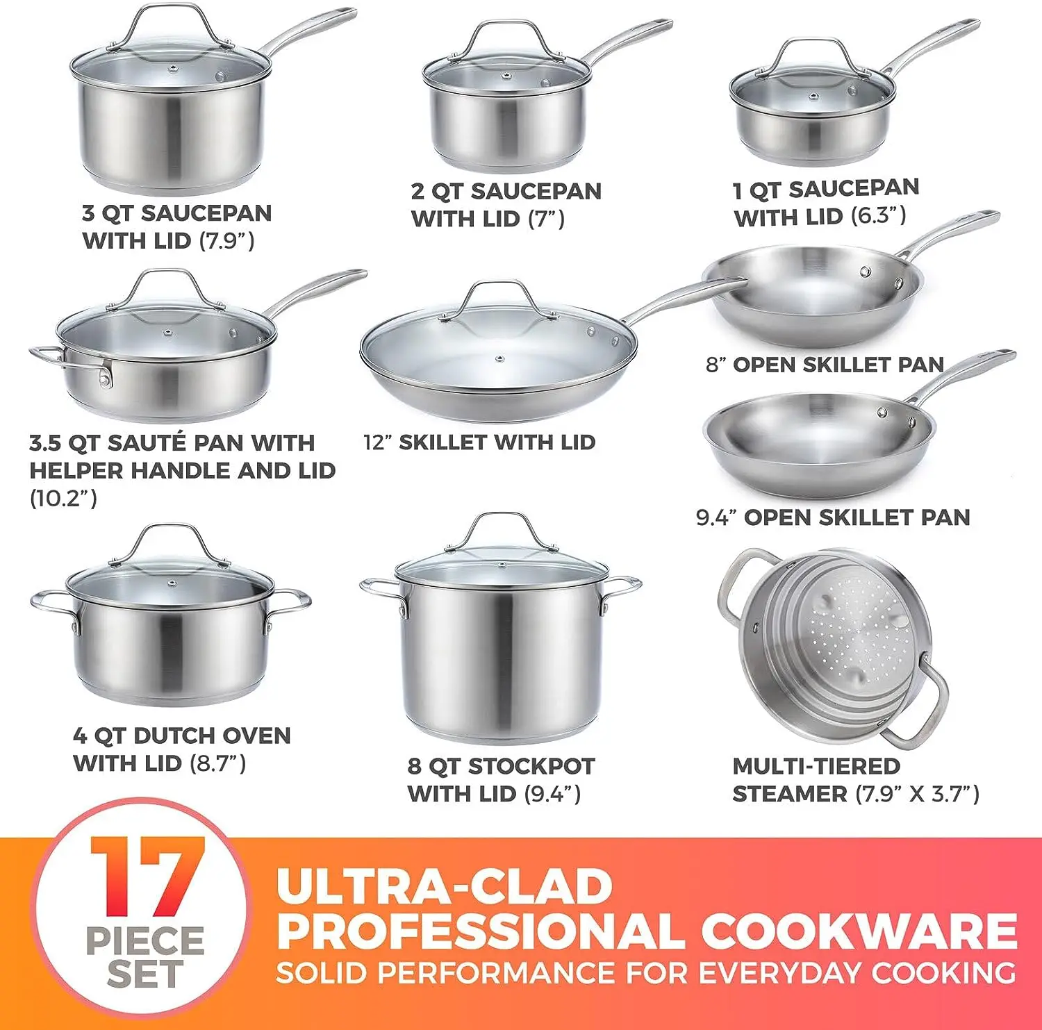 Mueller Pots and Pans Set 17-Piece, Ultra-Clad Pro Stainless Steel Cookware  Set, Ergonomic and EverCool Stainless Steel Handle