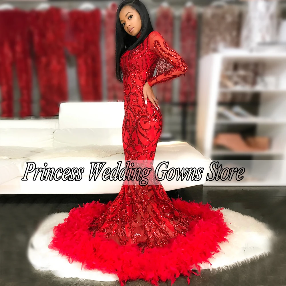 mermaid prom dresses Vintage Red Prom Dresses For Woman Long Sleeves African Pageant Evening Gown Scoop Neck With Feather Custom Mermaid Party 2022 ball gown prom dresses