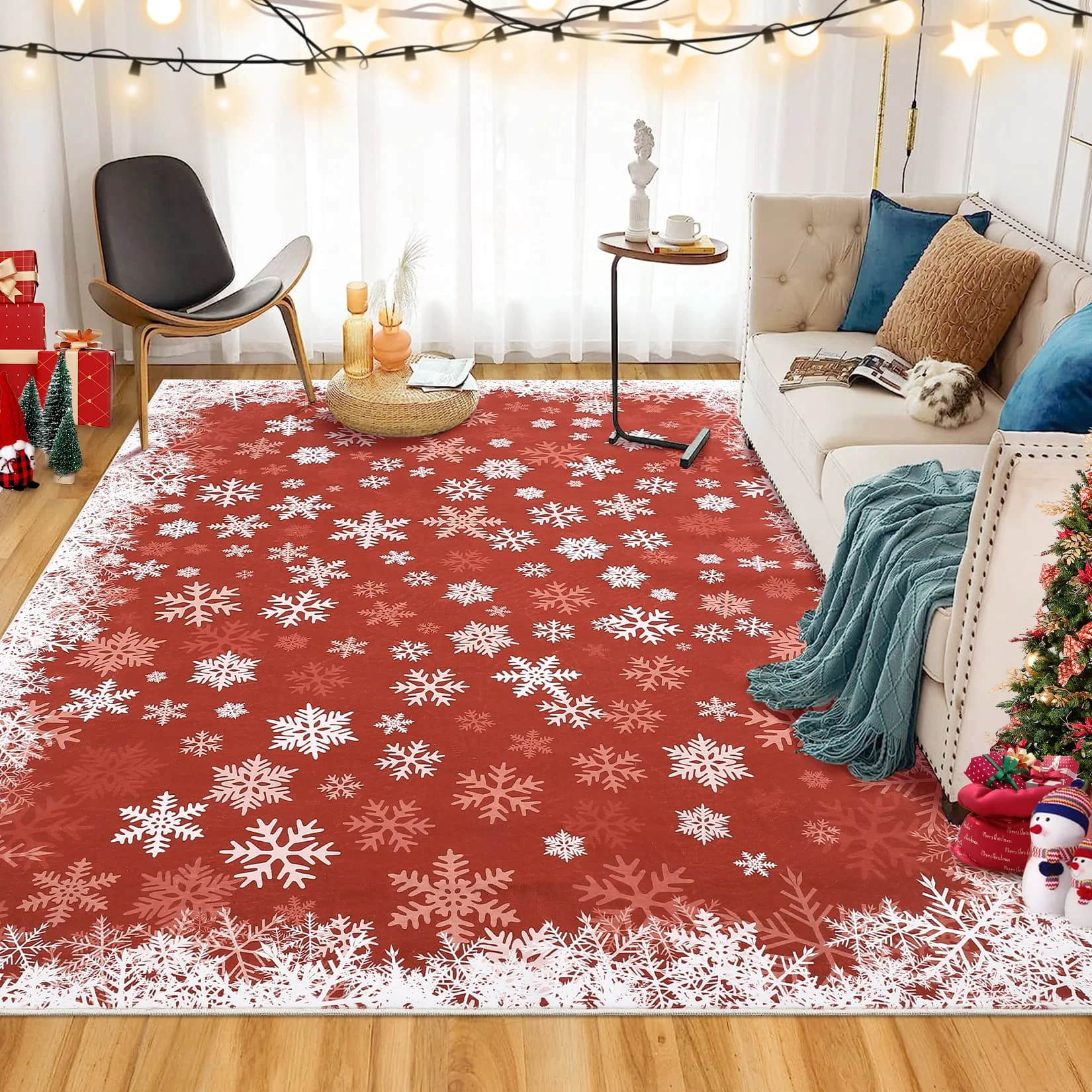 Weihnachtsbereichsteppich, rotes und weißes Schneeflockenmuster, maschinenwaschbarer Teppich, weicher, rutschfester Weihnachtsteppich für Wohnzimmer und Schlafzimmer – Detail 6