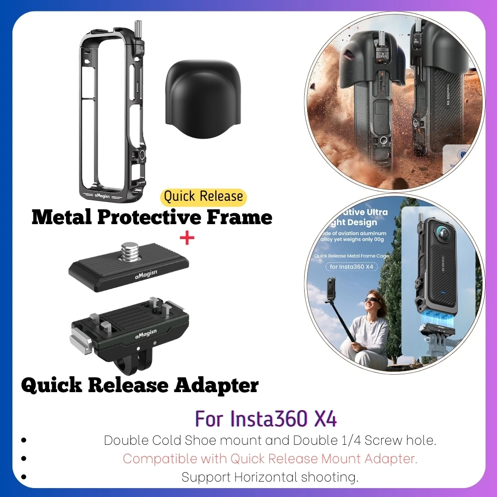 Amazear Metal Protective Case For Insta360 X4 - Quick-Release Aluminum Cage With Silicone Lens Caps