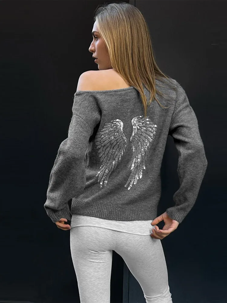 Sequin Angel's Wings Hoodies Women Chic Loose Long Sleeve Pullovers Top Slim Yoga Pant Set 2025 New Casual Lady Two Piece Sets