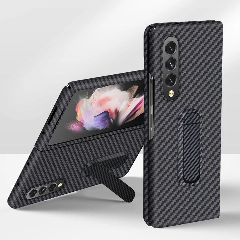 

Genuine Carbon Fiber Case for Samsung Galaxy Z Fold 3 Real Lightweight Aramid Fiber Ultra Thin Kicksand Cover With Stand Holder