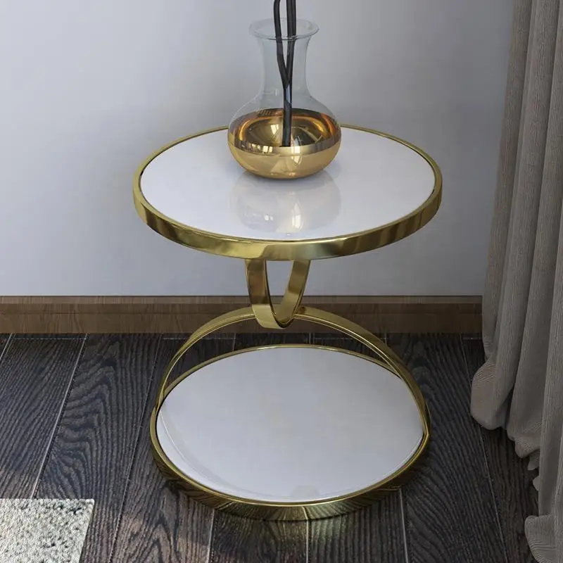 

Light luxury tempered glass corner a few living room sofa side a few stainless steel small round table simple post-modern small
