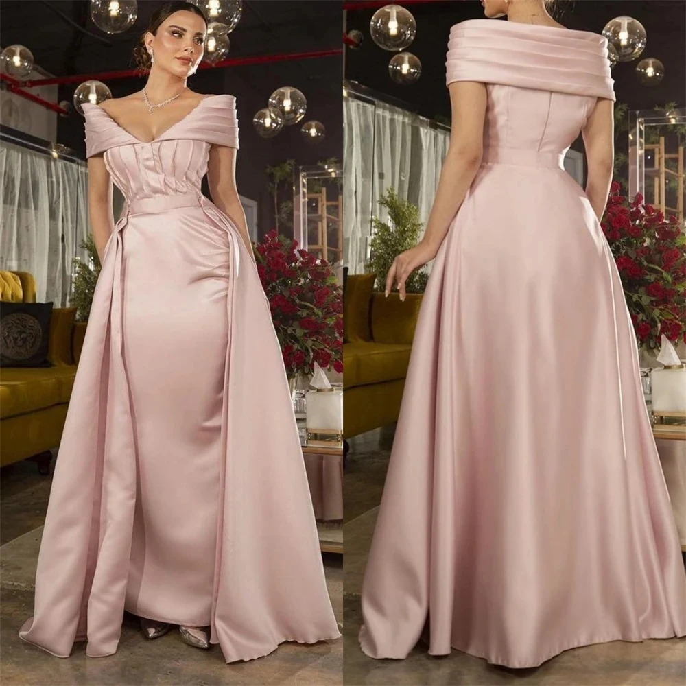 

Pink Satin Prom Dresses High Quality Off-the-shoulder Sheath Cocktail Fold Draped Occasion Evening Gown vestido festa casamento