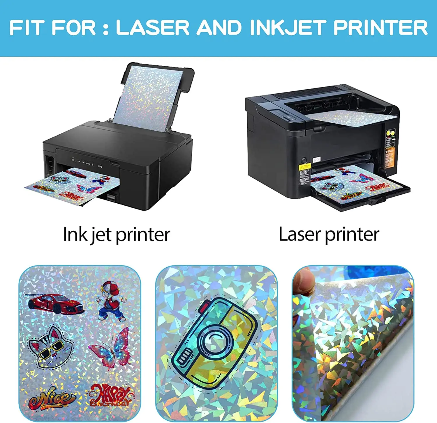 Clear Holographic Sticker Paper for Ink Jet Printer 8.5 x 11 Inches Dries Quickly Waterproof Sticker Paper Rainbow Vinyl Sticker Paper 20 Pcs