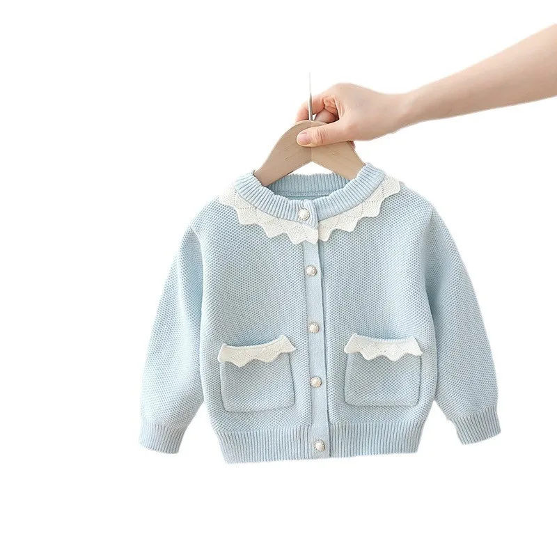 포켓 겨울 소녀 키즈 두꺼운 니트 오-넥 셔츠 줄무늬 공주 카디건 캐주얼 스웨터 IY07252와 고품질 스웨터