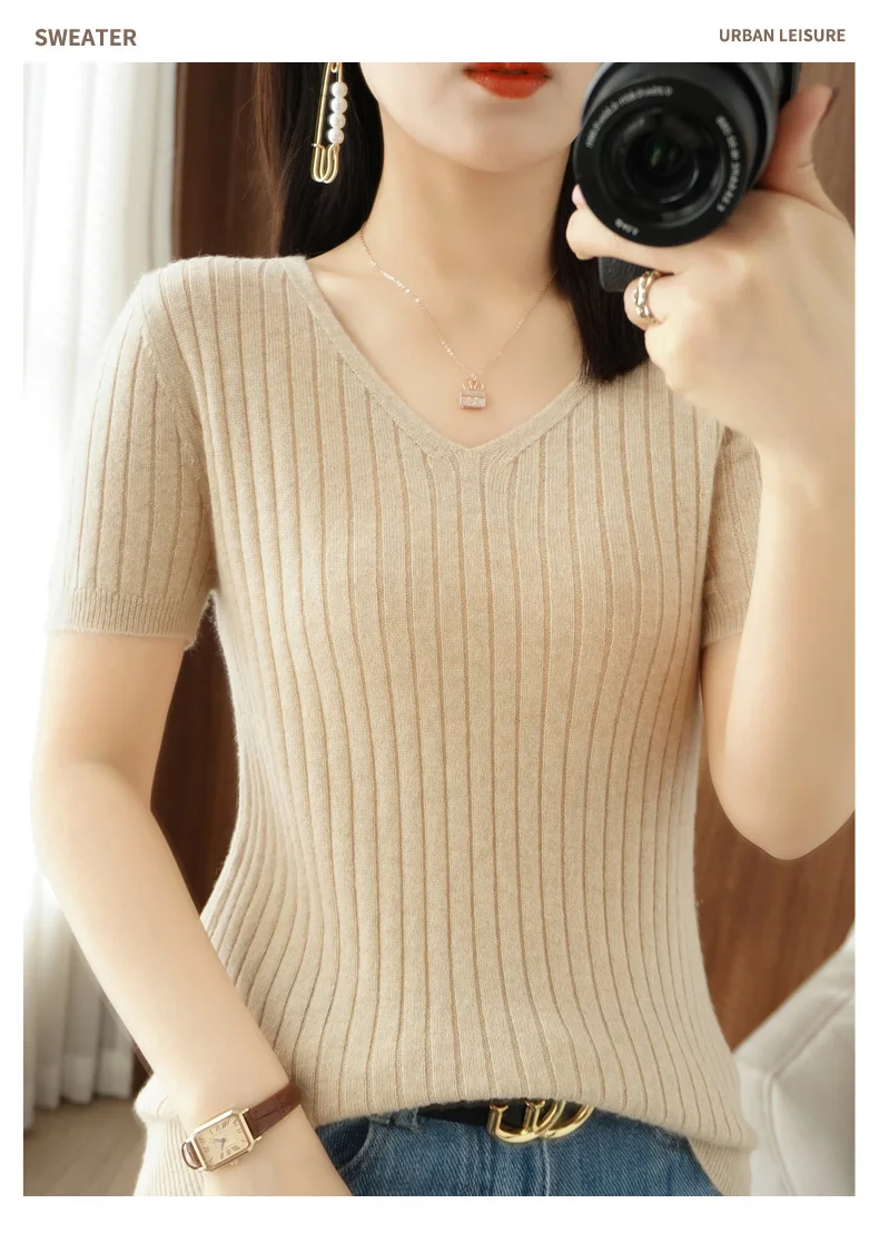 New Ladies Spring Summer Cashmere  Sweater Short sleeve V-Neck Pullover Vertical Striped Knitted Short sleeve Sweater Slim-Fit cardigan