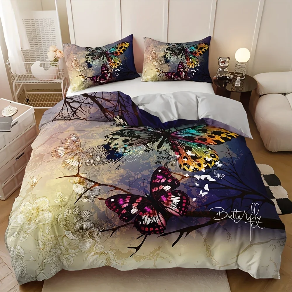 3pcs Soft Butterfly Print Duvet Cover Set for Comfortable Sleep - 3 Piece Bedding Set for Bedroom or Guest Room