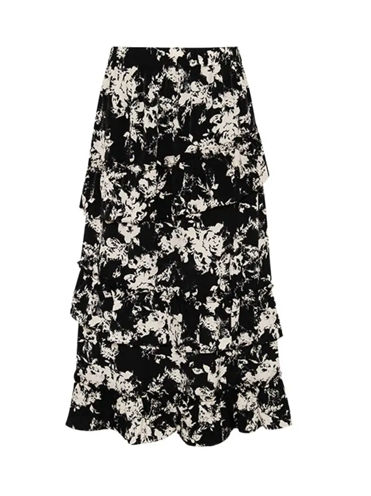 

Printed Irregular Ruffles Long Skirts Women 2023 Summer Elastic High Waist A-line Skirts Female Fashion Elegnat Chic Vestidos