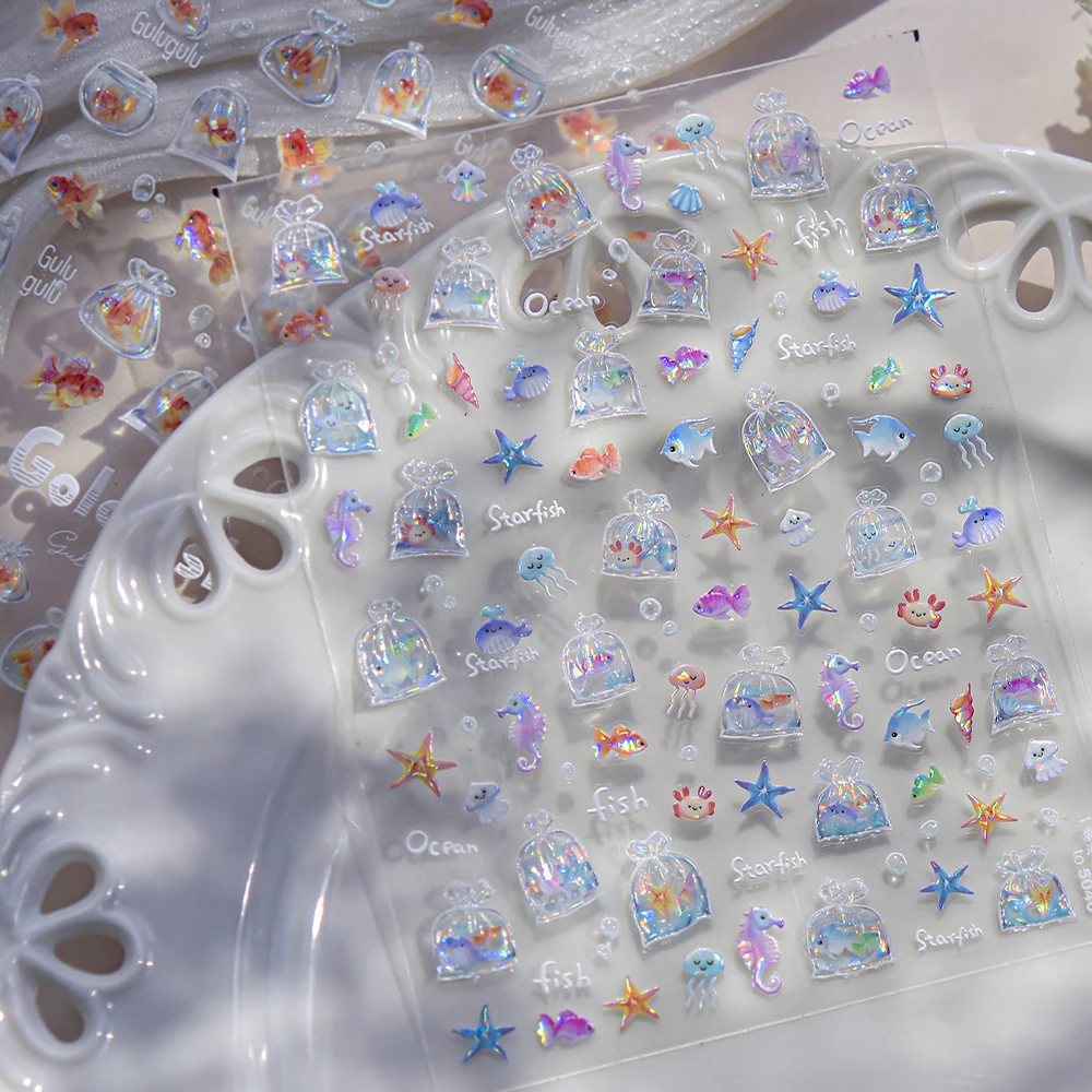 1개 5D 금붕어 레드 코이 버블 네일 아트 데칼 오션 시리즈 불가사리 해파리 바다 ? ? 물고기 네일 스티커 여름 네일 슬라이더 장식