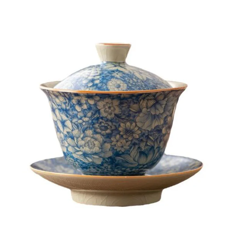 Porcelain Flourishing Flowers Blue Color Tea Tureen Tea Cup Set Kungfu Cup Infuser Tool Teaware Set Kitchen Drinkware
