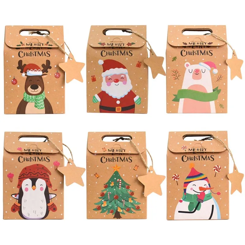 

6pcs Merry Christmas Gift Box with Tag Kraft Paper Candy Gift Packing Bags Navidad Decoration Noel 2023 Christmas Party Supplies