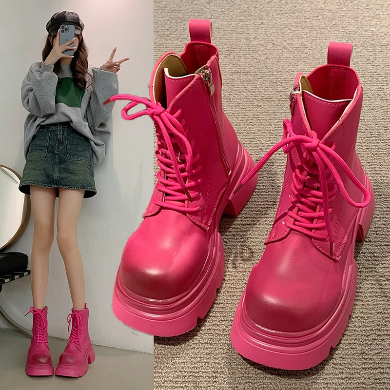 

2023 new frosted leather short boots British style thick soled round head lace-up casual pink short boots platform boots