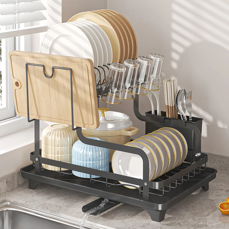Dish Drying Rack - Over Sink Drainer with Utensil Holder, Foldable Two Tier, Auto Draining
