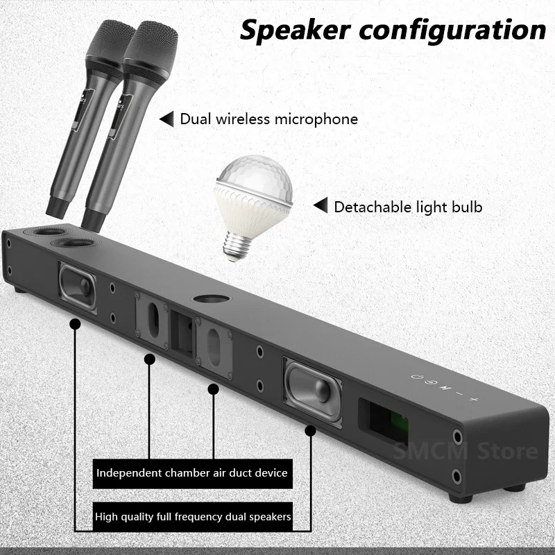 

TV Echo Wall Wireless Bluetooth Speaker Home Theater Karaoke Soundbar Music Center Subwoofer with Magic Ball Lamp Dual MIC Set