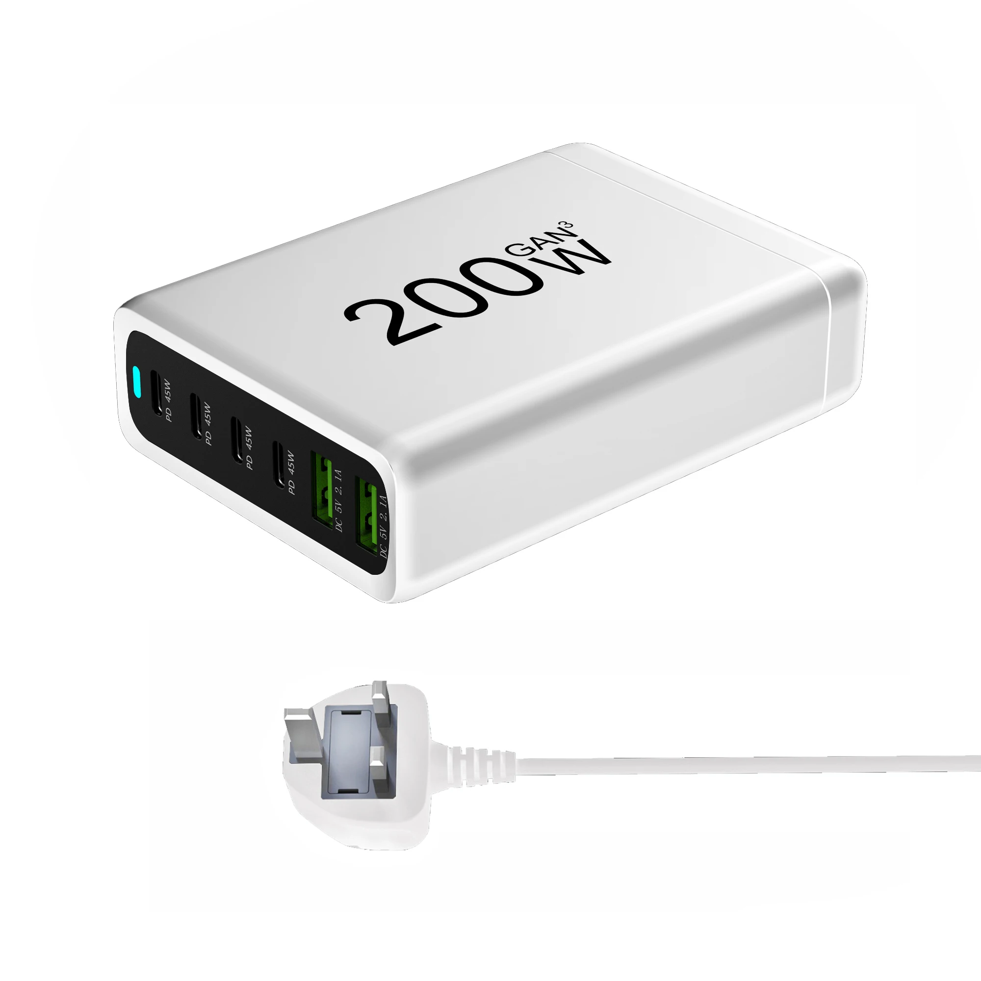 Power Adapter Power Charger 200W USB C Fast Charger GaN 4 in 1 Charging Station 2 USB-C 40W+20W 2 USB Ports 18W+18W For MacBook Laptops iPhone