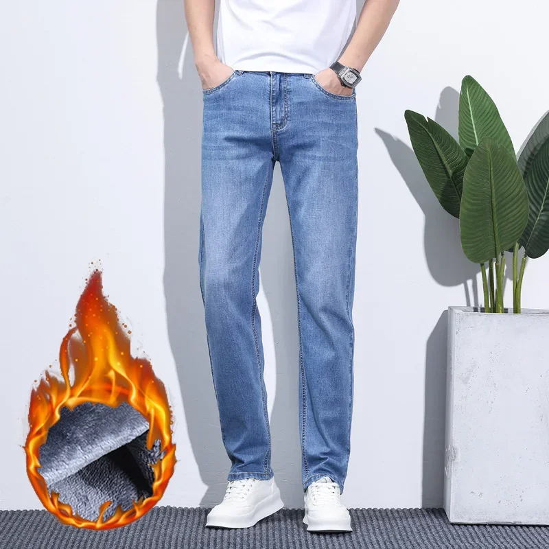 Men's Winter Snow Jeans Warm Stretch Straight Leg Thermal Jeans Man Fleece Denim Long Pants Blue Gray Fashion Classic Trousers 3