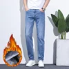 Men's Winter Snow Jeans Warm Stretch Straight Leg Thermal Jeans Man Fleece Denim Long Pants Blue Gray Fashion Classic Trousers 3