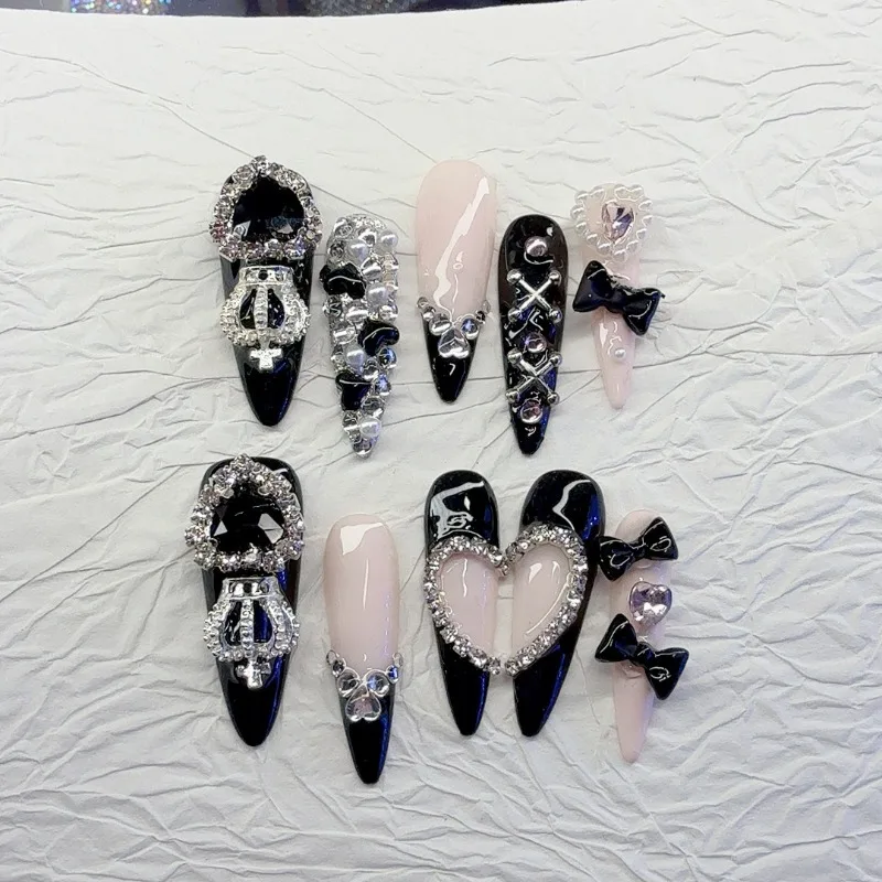 새로운 10개 수제 프레스온 네일 스파이시 걸스 블랙 핑크 롱 아몬드 모양 가짜 손톱 착용 가능한 헤비메탈 보우 디자인 인조 손톱 도구