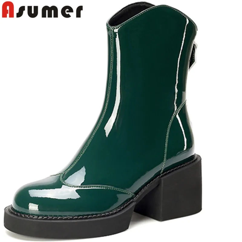 

ASUMER 2022 New Square High Heels Ankle Boots For Women Zipper Ladies Winter Platform Shoes Patent Leather Boots Women Shoes