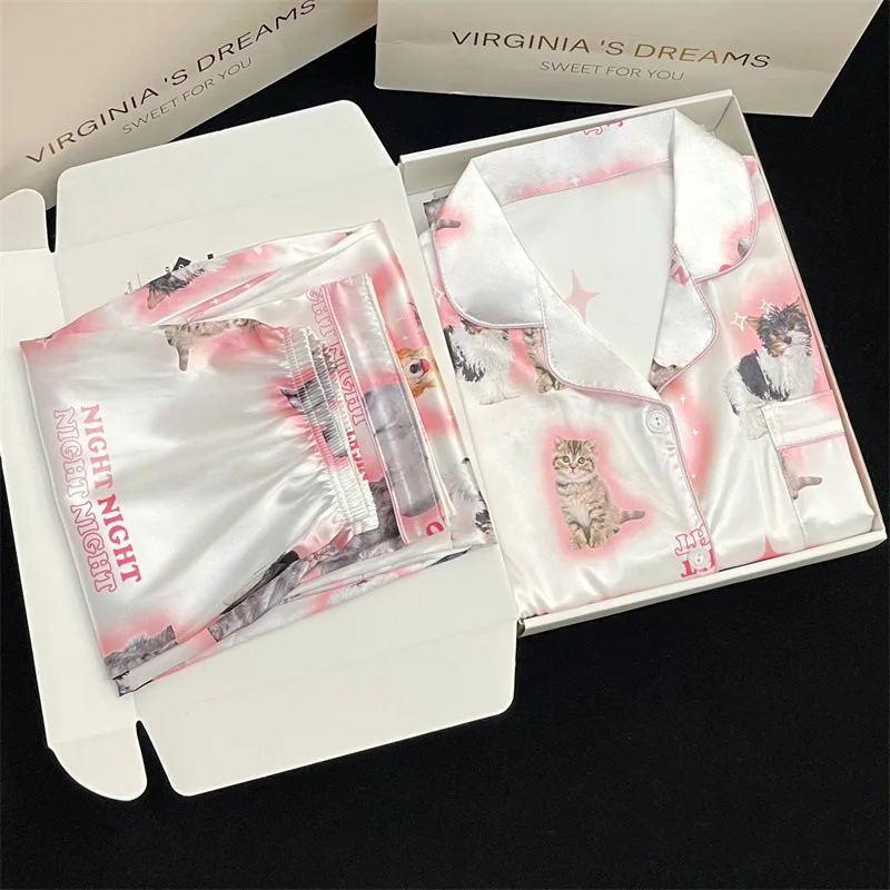 Ling Cute Cat Print Summer Girl's Pjs Ice Silk 2 Pcs Homewear Long 2Pcs Fashion Pajama New Thin Pajamas for Women Silk Home Set