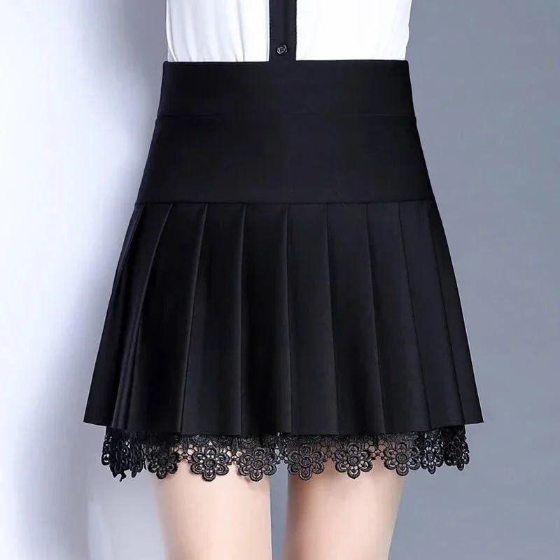 

Spring Summer Ladies Elegant Fashion Black Lace Edge Pleated A-line Short Skirts Girls High Waist All-match Fluffy Skirt L630