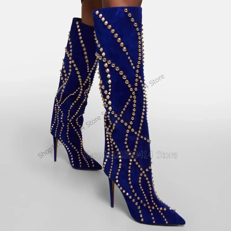 

Gold Rivets Decor Blue Pointed Toe Boots Knee High Slip On Women Shoes Thin High Heels Novel Fashion 2023 Zapatos Para Mujere