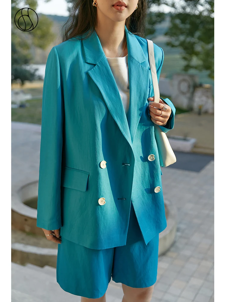 DUSHU Slightly Fat Lady Notched Collar Full Sleeve Blazer Suit Casual Short Pants Office Lady Linen Temperament Two Piece Suit dushu slightly fat lady temperament fashion suits sakura pink slim suspender skirt two piece set notched summer jacket