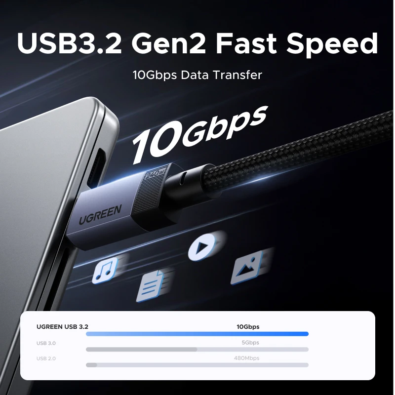 UGREEN 풀 기능 USB-C 케이블 PD3.1 240W USB3.2 10Gbps 데이터 전송 4K60Hz 비디오 출력 (모니터, 노트북, 맥북용) E-Marker