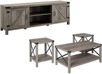 4 Piece Farmhouse Barn Door TV Stand Console Coffee Table and 2 End Table Living Room Set in Rustic Gray Oak 1