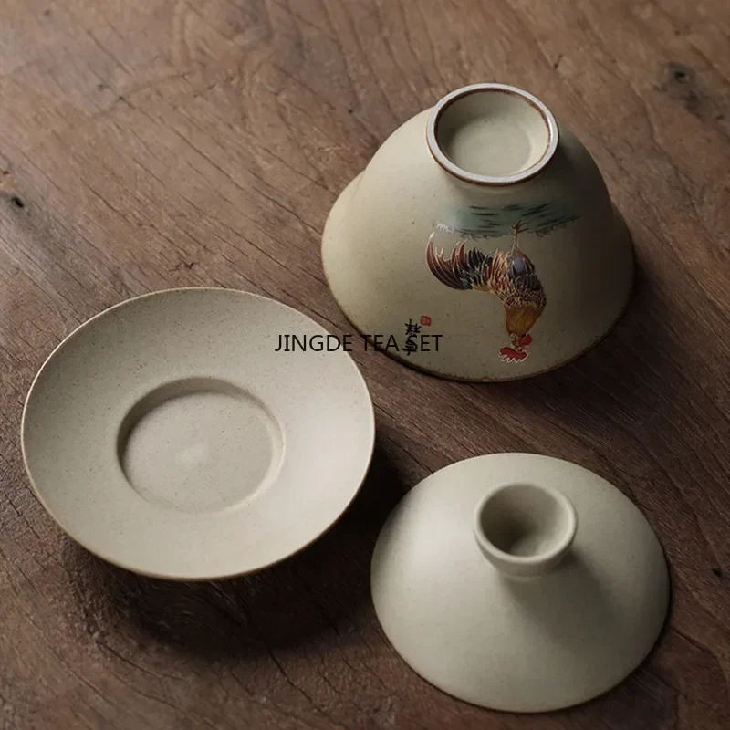 150ml traditional Chinese ceramic tea cup handmade tea bowl travel portable hand-painted rooster lid bowl