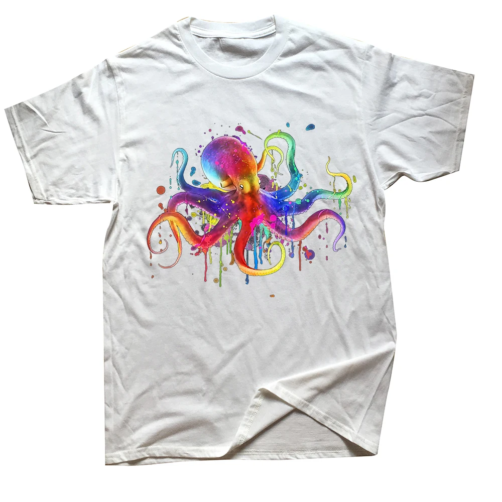 Drôle arc-en-ciel psychédélique coloré poulpe T-shirts hauts col rond mode t-shirt vêtements décontracté basique T-shirts_voghion.com