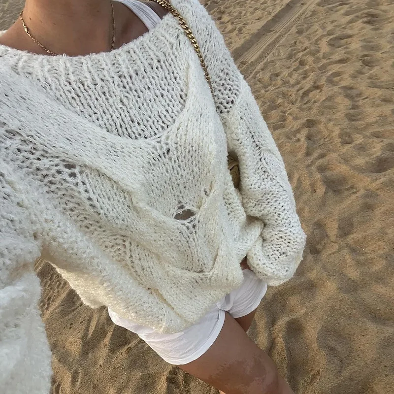 Casual Knitwear Sweater Pullover Female Loose Fashion See-Through Autumn Beach Holiday Clothes Women's Knit Pullover