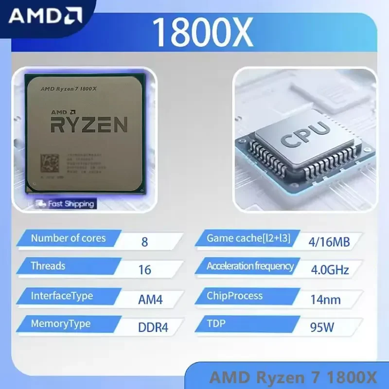 AMD Ryzen 7 1800X 프로세서 8코어 16스레드 3.6GHz 기본 속도 4.0GHz 최대 부스트 속도 AM4 소켓 20MB L3 캐시 14nm 95W TDP 데스크탑 CPU