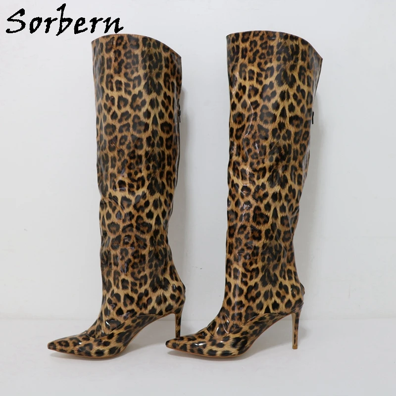 

Sorbern Leopard Over The Knee Boots Wide Fit Legs Back Zipper High Heel 10Cm Stilettos Pointed Toe Custom Big Size Eu 33-48