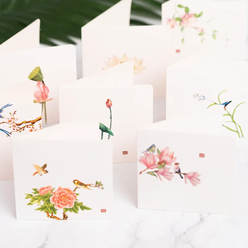 Chinese Style Flower Bird Greeting Cards Birthday Wedding Thank You Blessing Card Invitations for Mothers Father's Day 10Pcs/Set greeting cards,thank you cards,wedding invitations