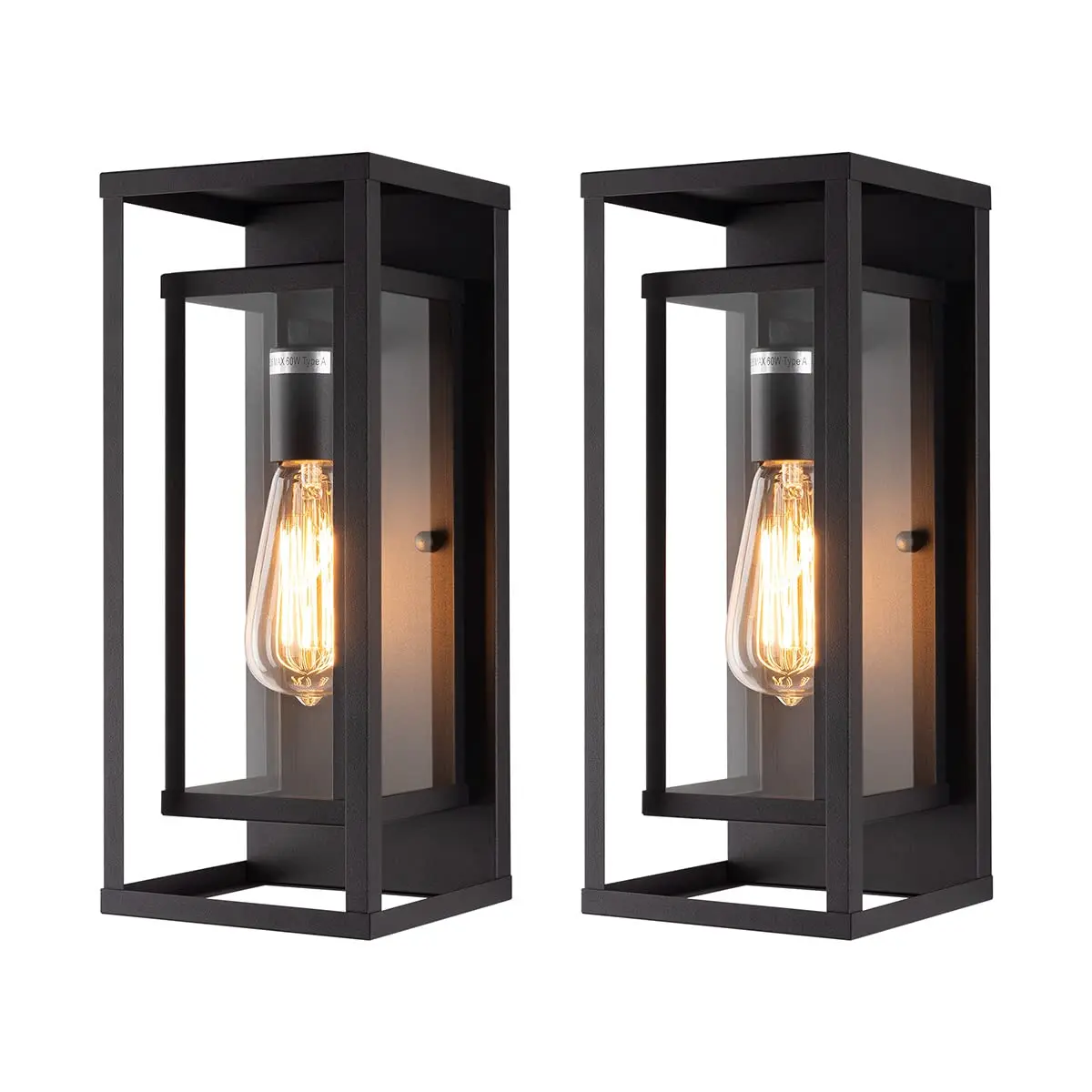 2 Pack Glass Wall Sconce Outdoor in Matte Black Waterproof Porch Light with Rectangular Metal Frame and Clear Glass Shade