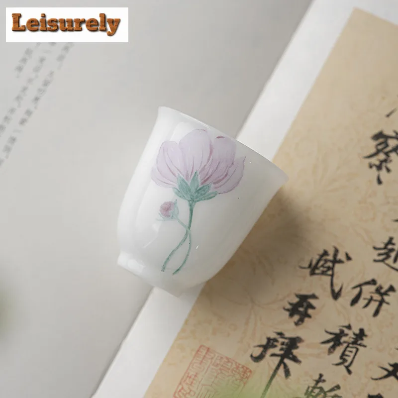 35ml Sheep Fat Jade Porcelain Tea Cup Happiness Flower Master Cup White Jade Mud Smell Fragrant Mug Personal Kung Fu Tea Set