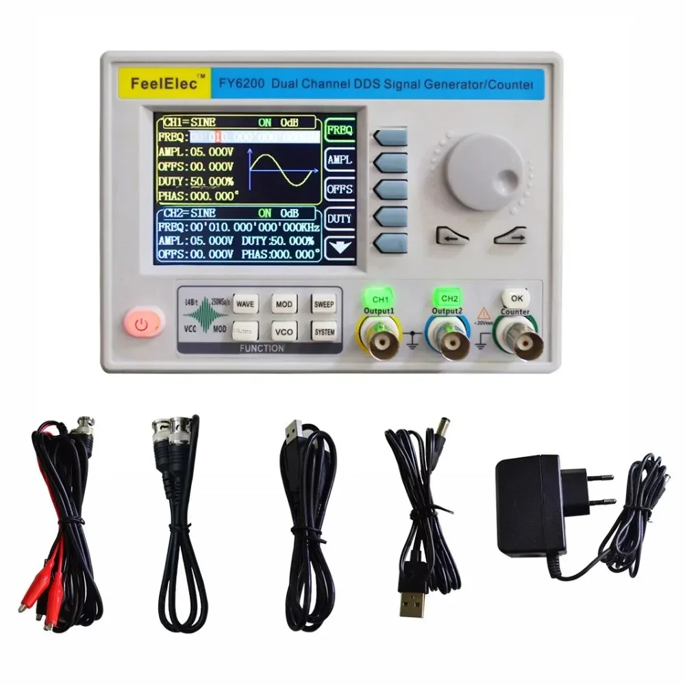 

FeelTech FY6200 20M/30M/50M/60M Signal Generator DDS Arbitrary Waveform Source Frequency Counter Dual Channel FPGA Four way TTL