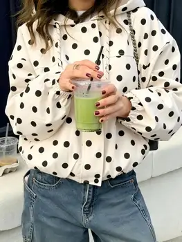 Giacca Vintage da Donna con Cappuccio a Pois, Zip, Taglio Corto, Polsini con Coulisse, Stile Casual Streetwear, Oversize, Antivento
