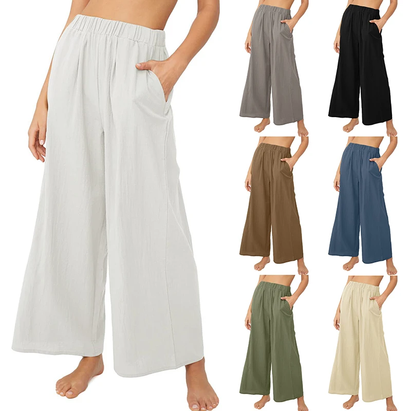 

S-3XL 7Color Elastic High Waist Wide Leg Full Pant With Pocket Breathable Loose Cotton Linen Women Summer Travel Beach Trouser