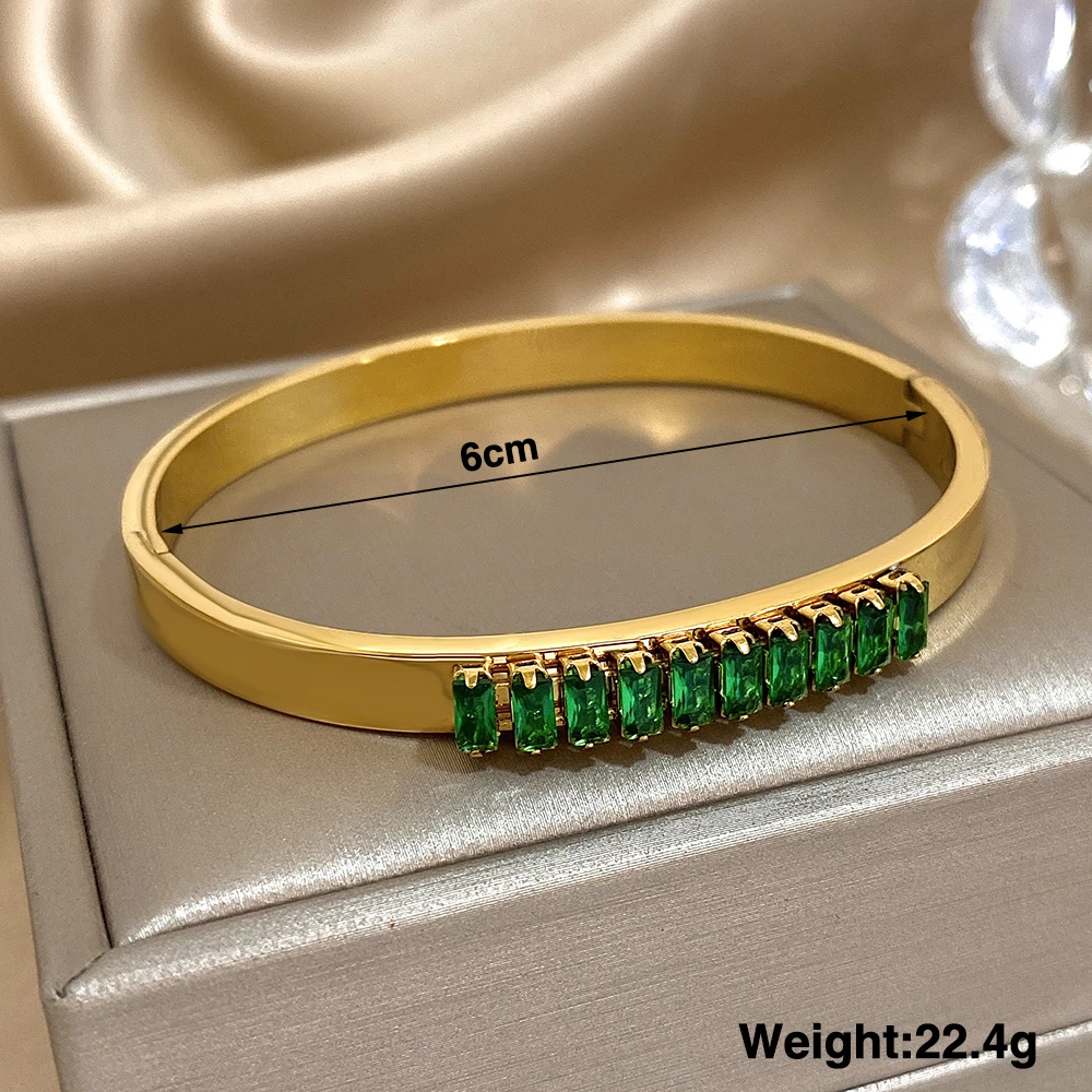 Gorgeous Green Zircon Stainless Steel Bracelet Geometric Thin Bangle for Women Wedding Birthday Party Waterproof Cuff Jewelry 6