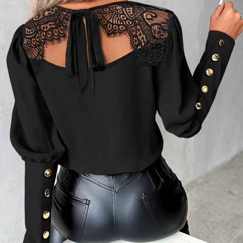 

2024 Spring Summer New Women's Solid Color Lace Stitching Tied Long Sleeve Shirt