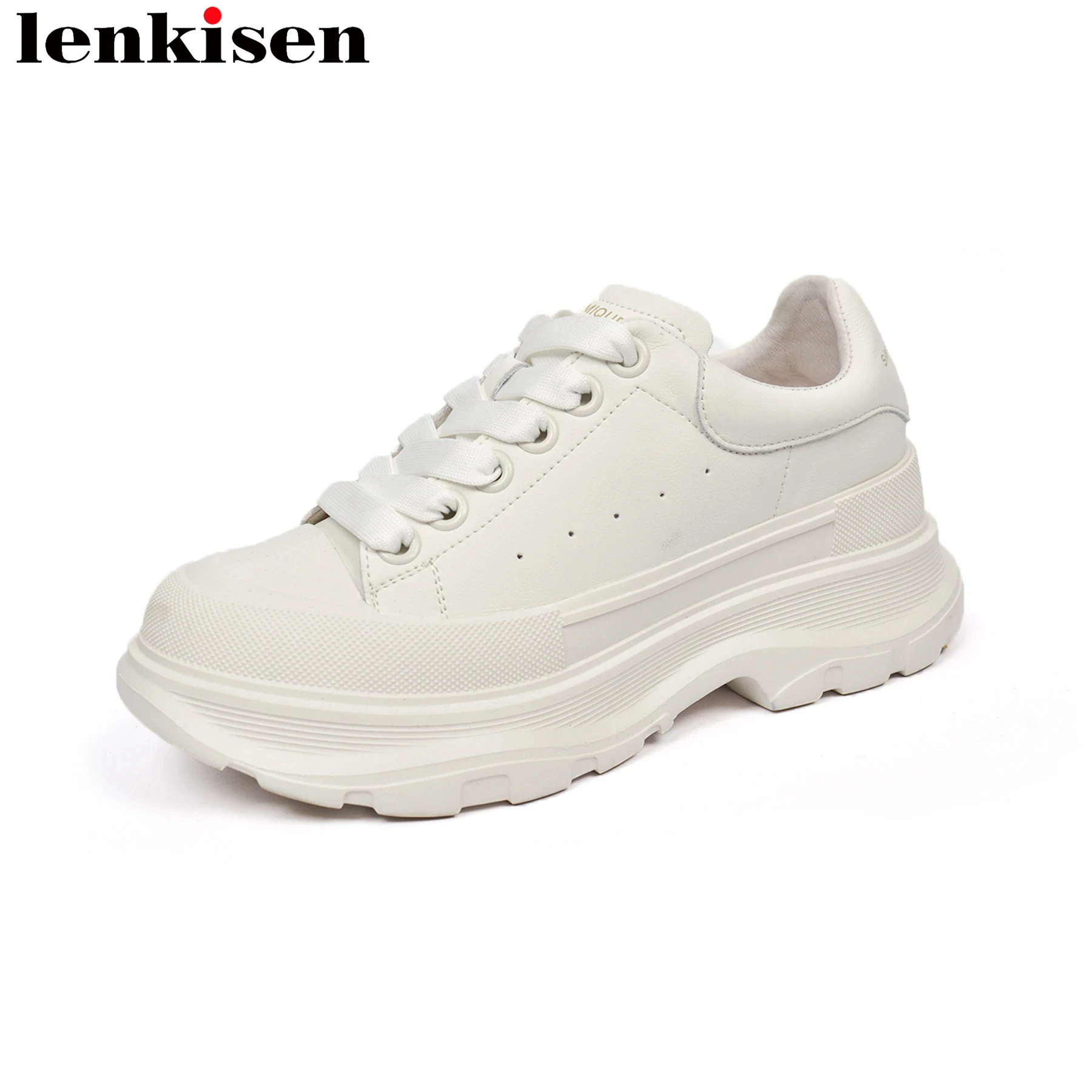 

Lenkisen Cow Leather Lace Up Med Heel White Sneakers Spring Winter Casual Shoes Brand Preppy Style School Women Vulcanized Shoes