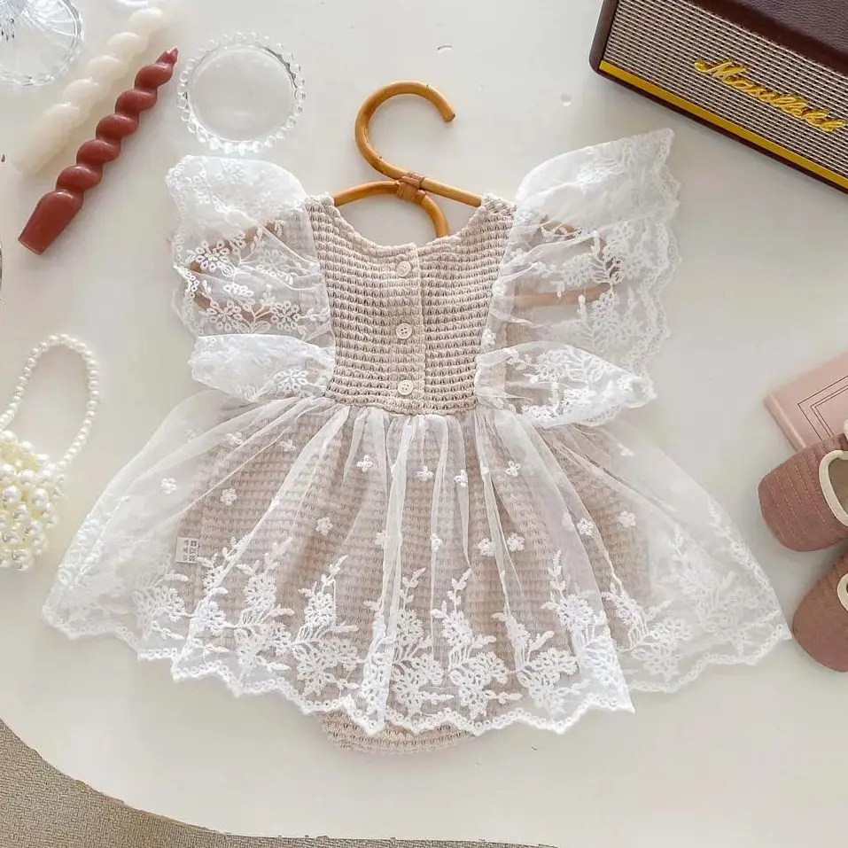 Abbigliamento per Neonati Body a Quadri Tutina Vestito Estivo con Maniche a Sbuffo in Pizzo per Bambine 3-24 Mesi - immagine 2