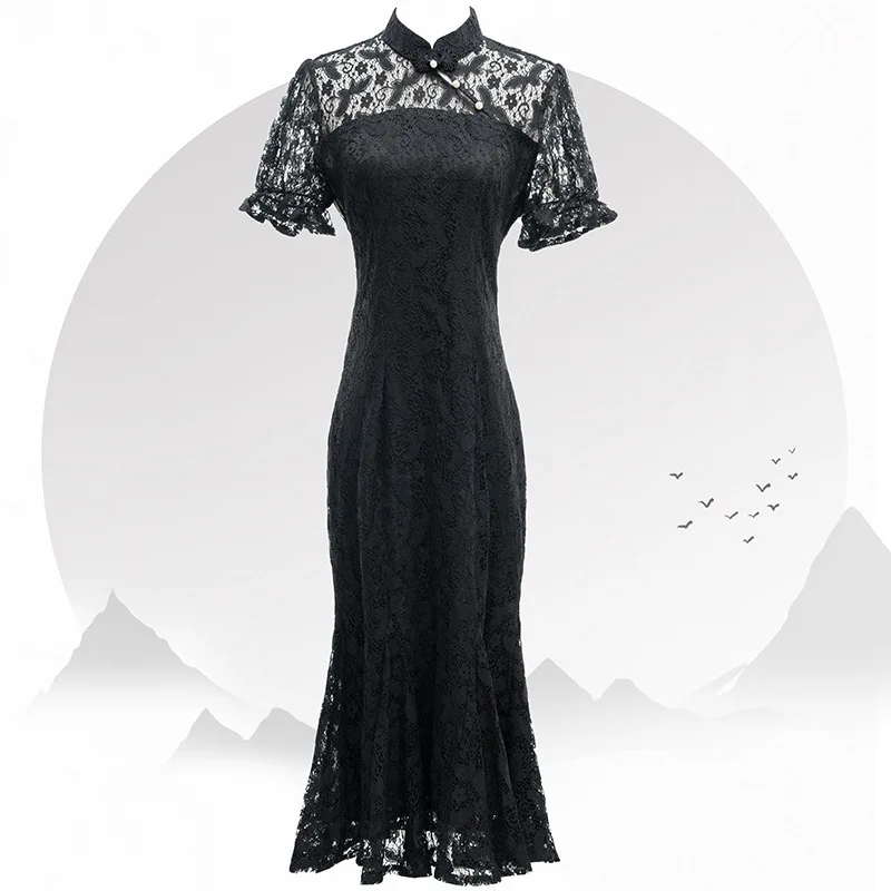 

Women Black Cheongsam Vintage Chinese Traditional Short Sleeve Dresses Lace Long Fishtail Dress Summer Sexy Qipao S To XXL