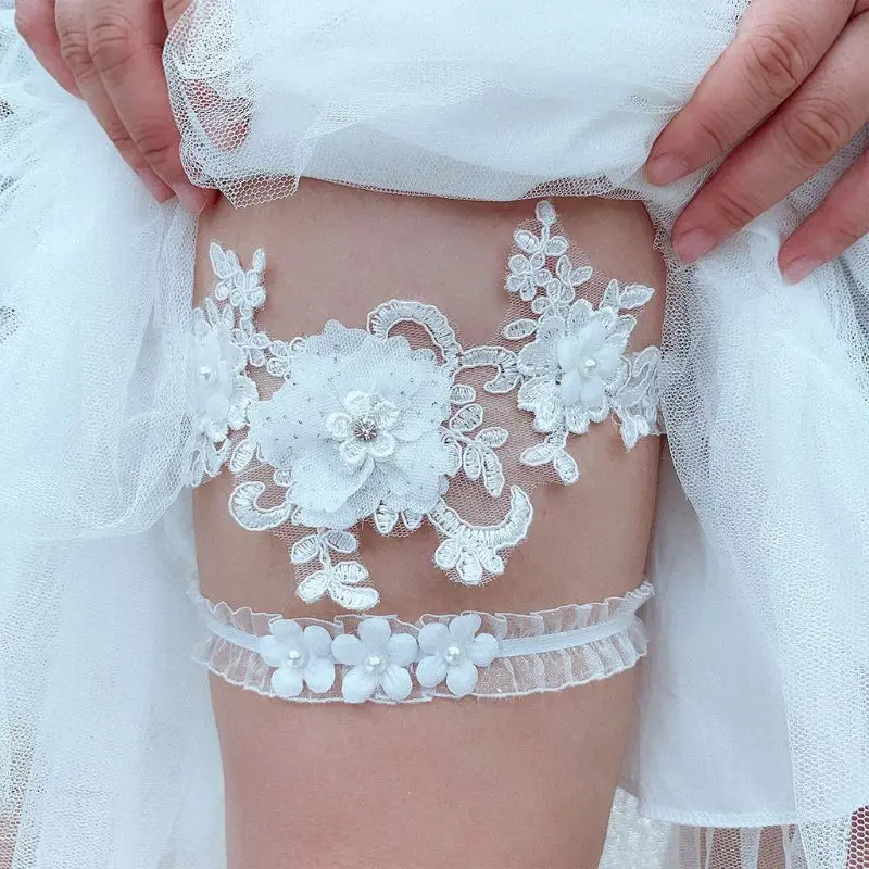 

2Pcs/Set Womens Bridal Stretch Wedding Thigh Rings Embroidery Flower Faux Pearl Rhinestone Jewelry Prom Party Leg Garter