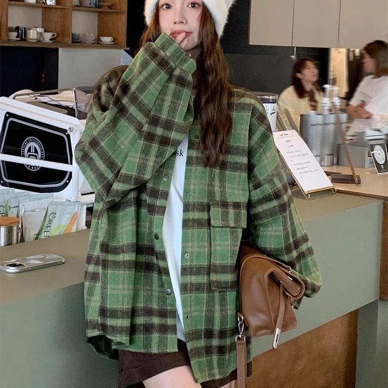 

Женская винтажная клетчатая рубашка в стиле Харадзюку, повседневный Топ оверсайз зеленого цвета, блузки в Корейском стиле, куртка в стиле преппи с длинным рукавом, Осень-зима, y2k